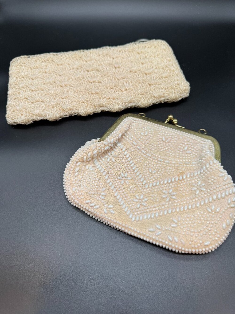 2 Vintage Cream Coloured Beaded Clutches Bag Purse 1950s
